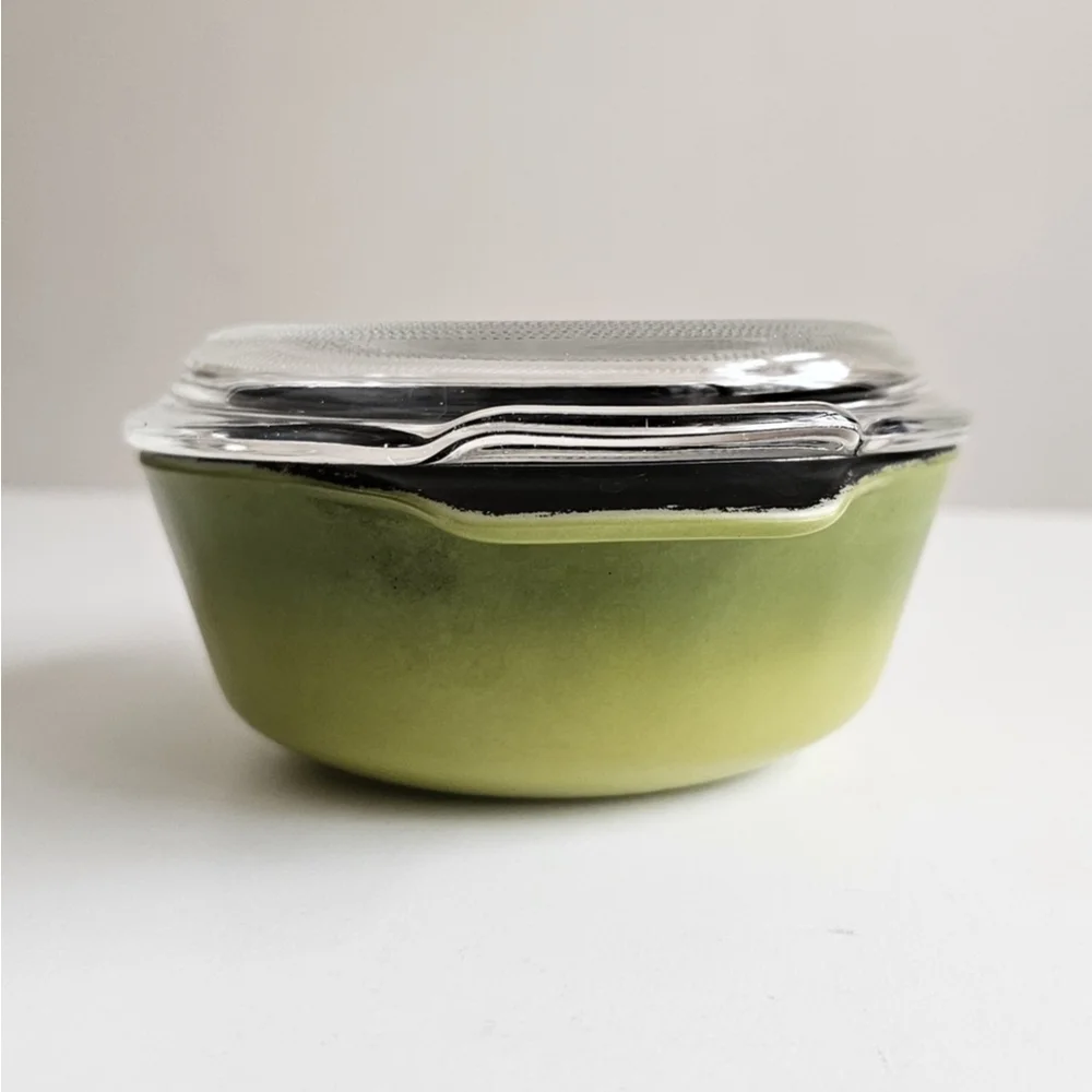 Vintage Anchor Hocking Fire-King 12 oz Olive Green Teflon Ovenware Dish w/ Glass